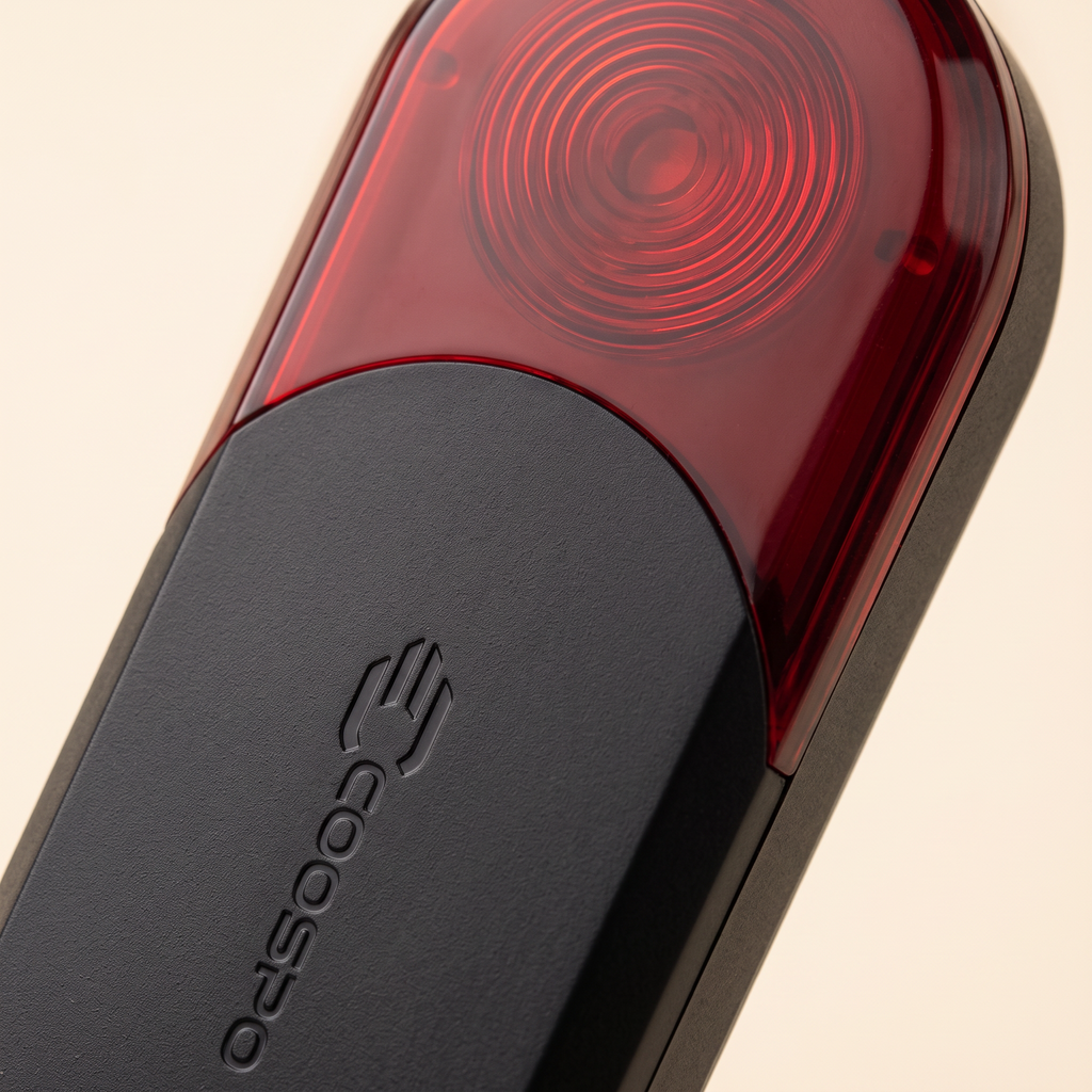 Détail de la lentille rouge et du marquage COOSPO