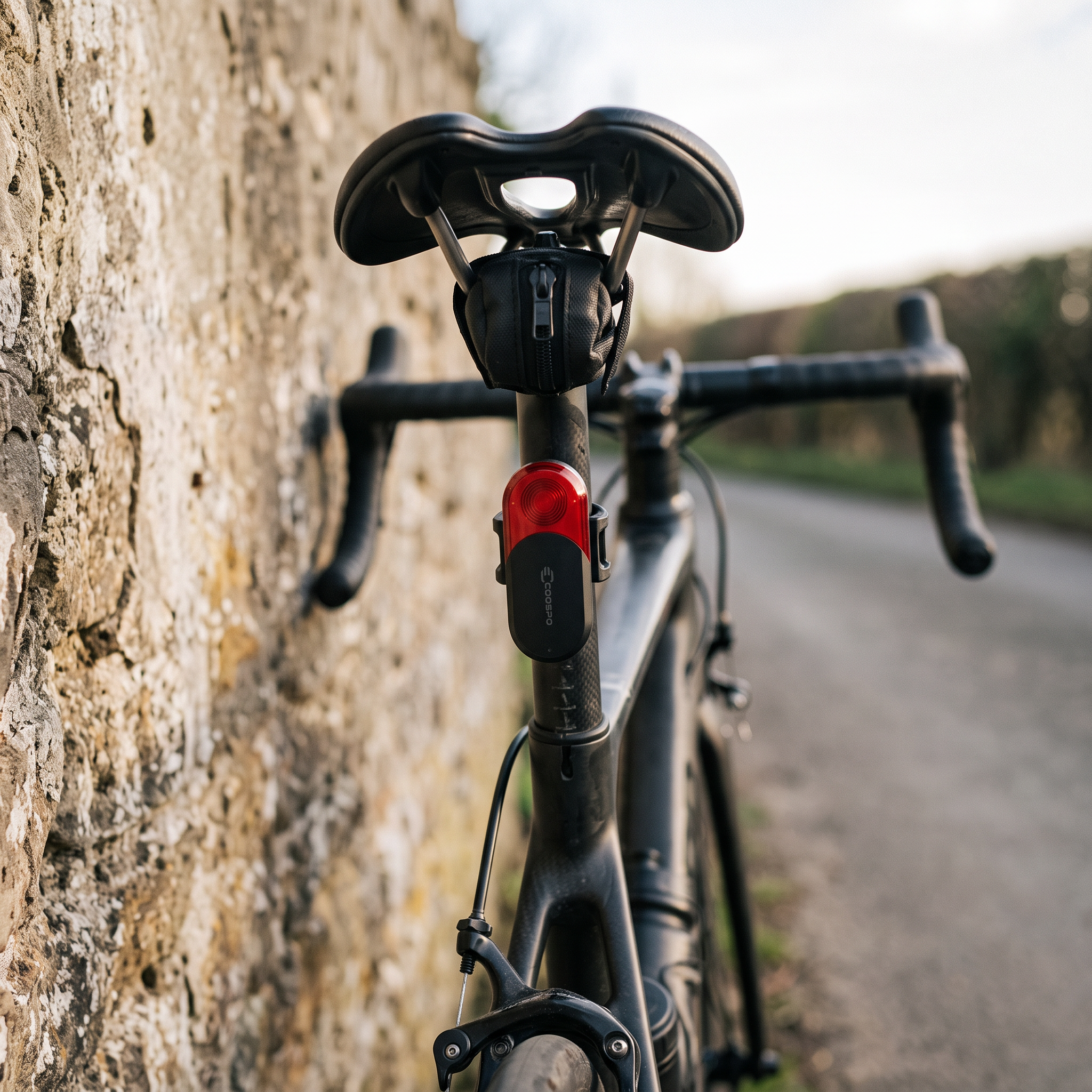 Feu COOSPO TR70 monté sur la tige de selle d'un vélo de route