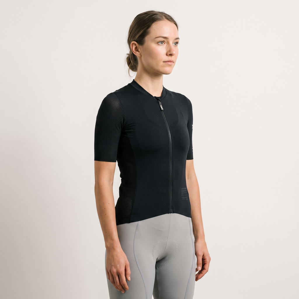 Vue de profil du maillot de cyclisme YKYW noir porté