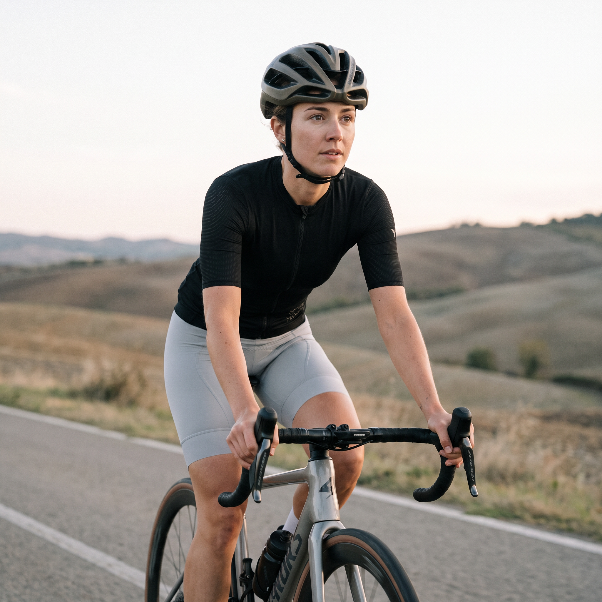 Cycliste en maillot YKYW noir sur une route de campagne au petit matin