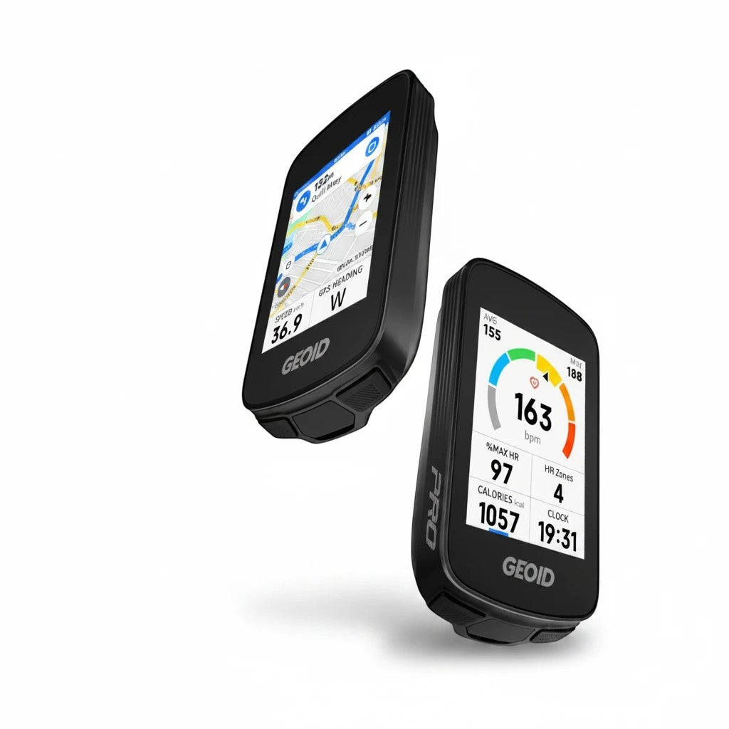 Velovoila GEOID CC700 Pro GPS bike computer with 2.8-inch touchscreen showing navigation and heart rate data