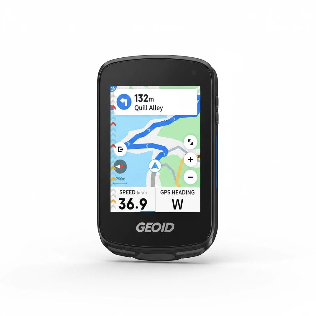 Velovoila GEOID CC700 Pro GPS bike computer with 2.8-inch touchscreen displaying navigation map and speed data