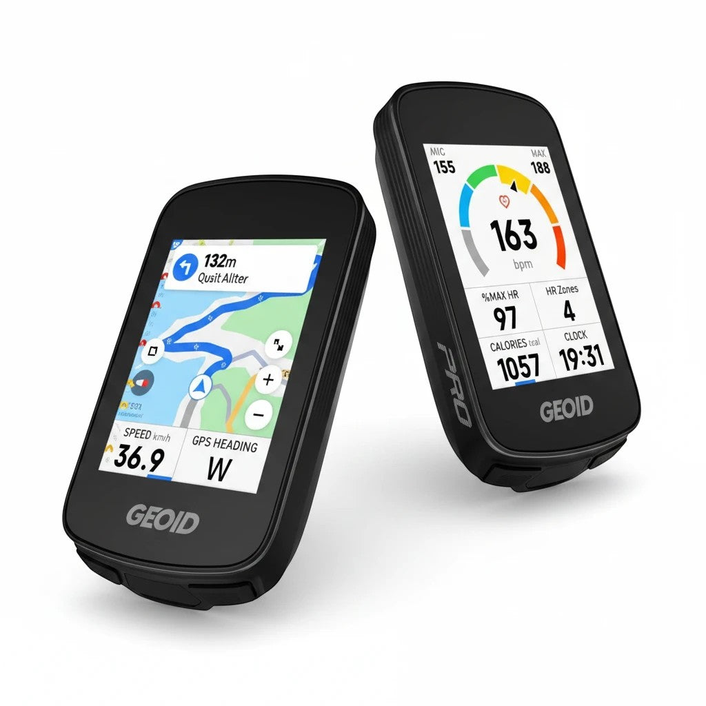 Velovoila GEOID CC700 Pro GPS bike computers showing navigation map and heart rate data on 2.8-inch touchscreens.