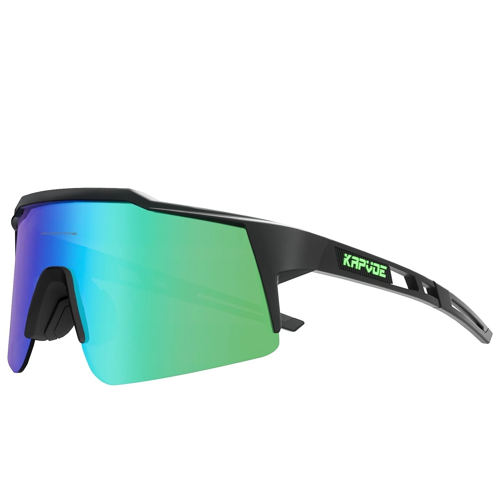 Velovoila Kapvoe cycling sunglasses with a lightweight black TR90 frame and a reflective green polarized lens
