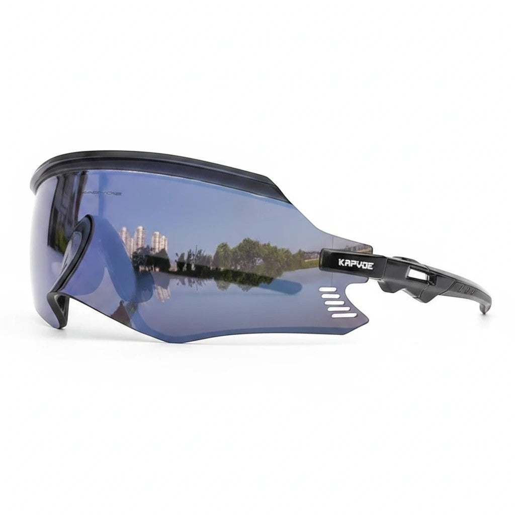 Velovoila KAPVOE UV400 cycling sunglasses with a sleek black frame and reflective blue shield lens for road and MTB.
