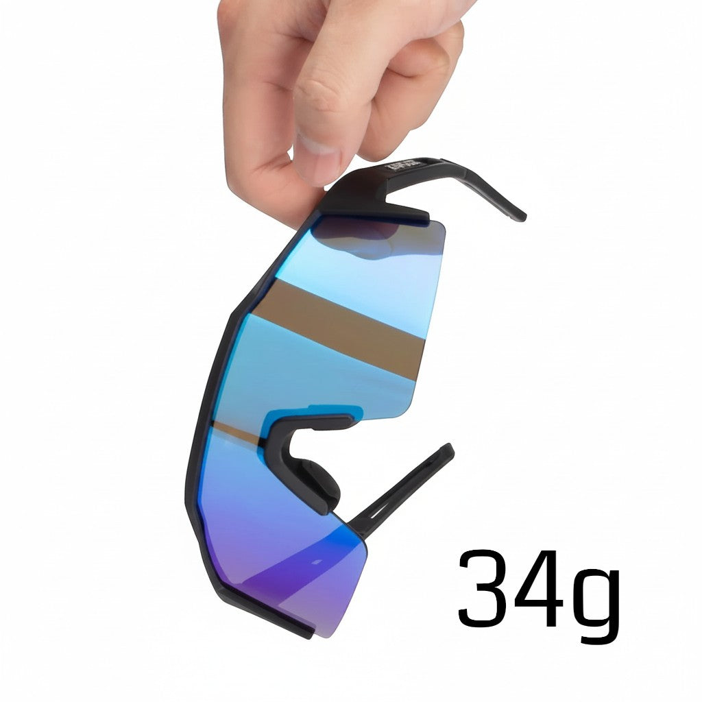 Velovoila Kapvoe cycling sunglasses with a black TR90 frame and reflective blue polarized lens held by hand
