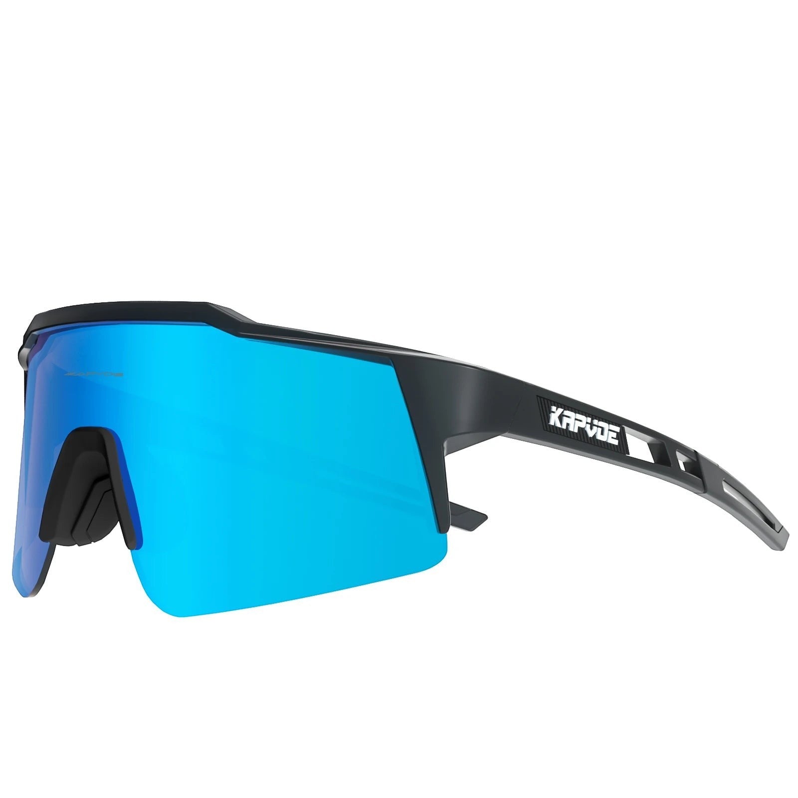 Velovoila Kapvoe cycling sunglasses with a lightweight black TR90 frame and a reflective blue polarized lens.