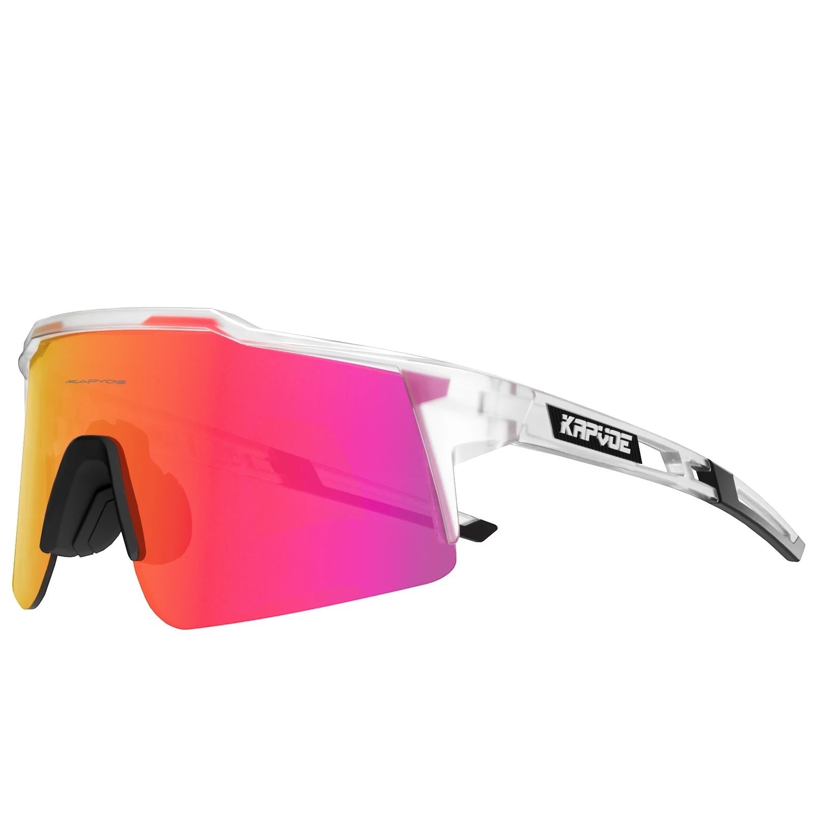 Velovoila Kapvoe cycling sunglasses with a clear TR90 frame and reflective pink-orange lens for road and MTB riding.