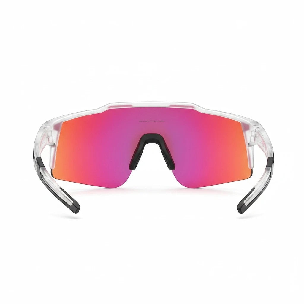 Velovoila Kapvoe cycling sunglasses with a clear TR90 frame and reflective pink-red lens for road and MTB riding.