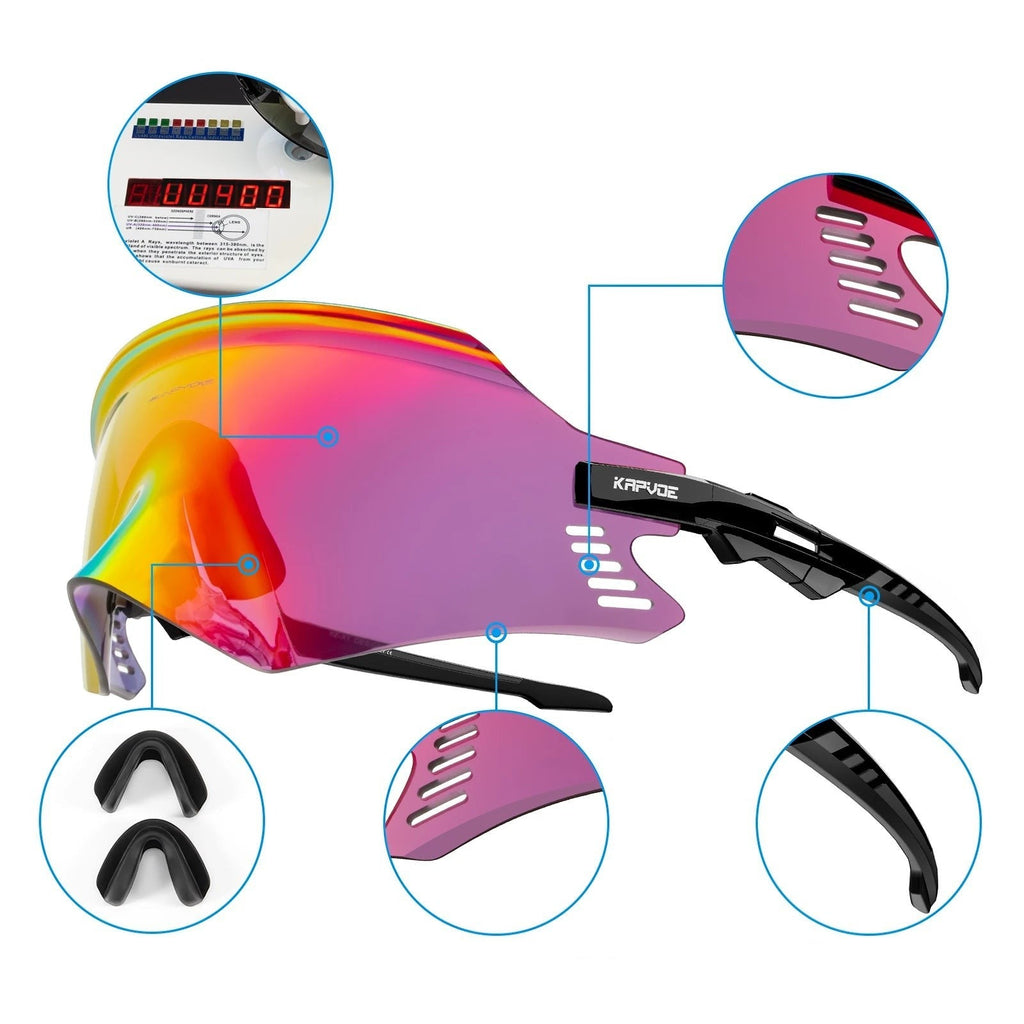 Velovoila KAPVOE cycling sunglasses with UV400 shield lens, anti-fog vents, and replaceable nosepieces for MTB riding.