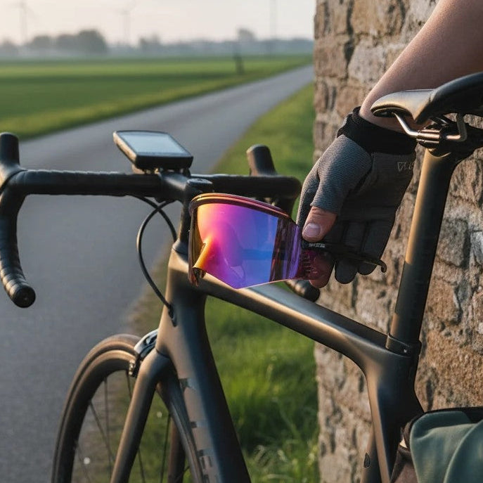 Velovoila KAPVOE cycling sunglasses with a reflective pink shield lens held by a cyclist next to a road bike.