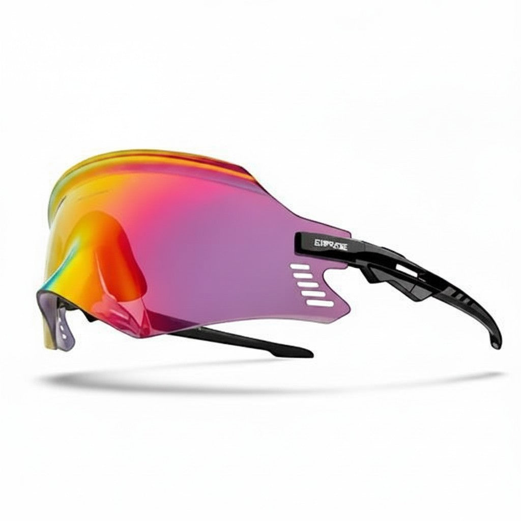Velovoila KAPVOE UV400 cycling sunglasses with a reflective red and orange shield lens and sleek black frame.