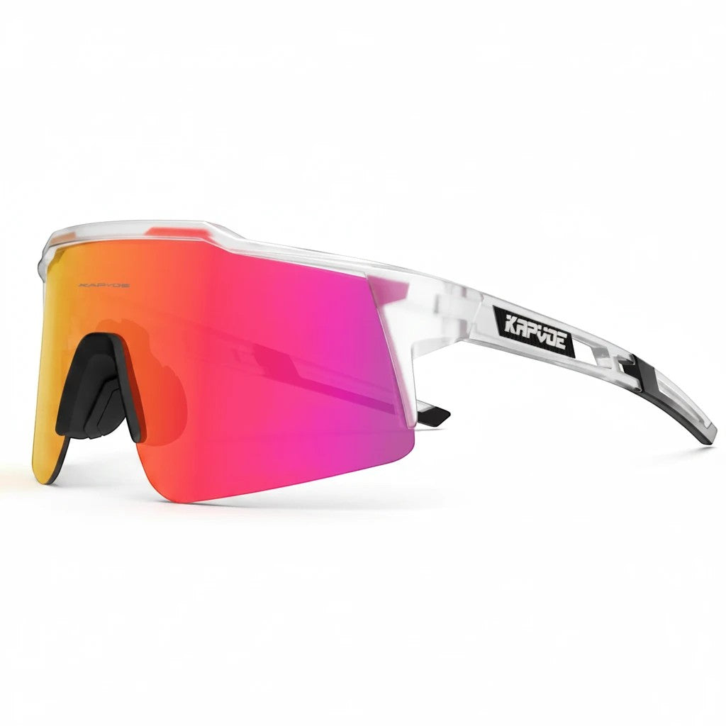 Velovoila Kapvoe cycling sunglasses with a clear TR90 frame and reflective red-orange polarized lens
