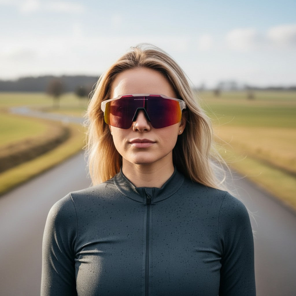 Velovoila Kapvoe cycling sunglasses with red reflective lens and lightweight TR90 frame worn by a female cyclist