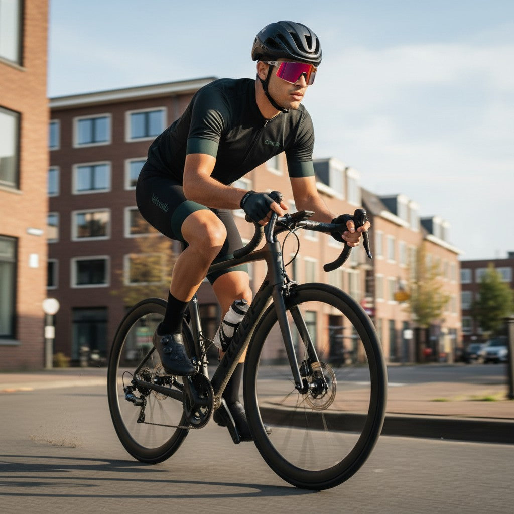 Velovoila Kapvoe cycling sunglasses with red reflective lens worn by a male cyclist on a road bike in an urban setting