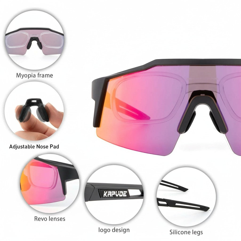 Velovoila Kapvoe cycling sunglasses featuring TR90 frame, adjustable nose pad, myopia insert, and pink Revo lenses.