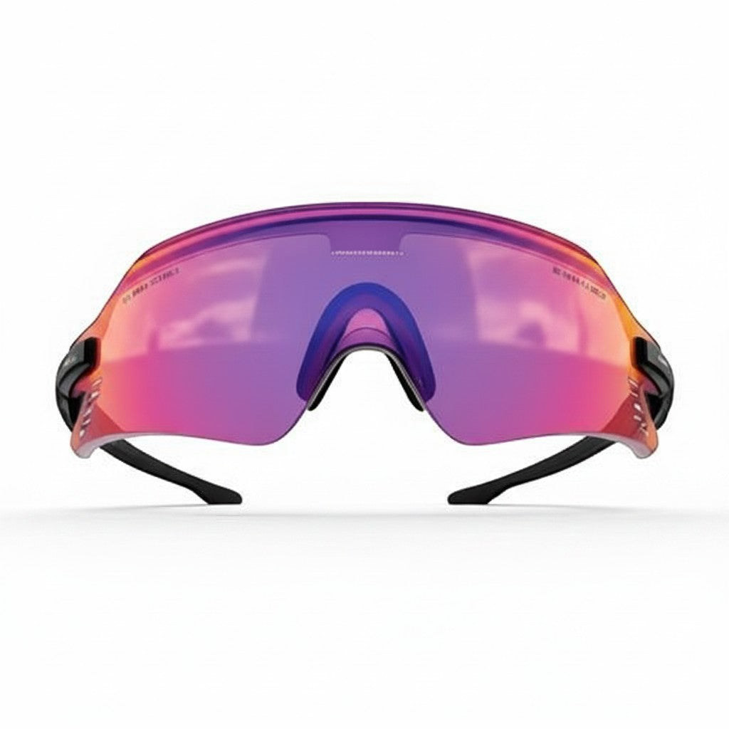 Velovoila KAPVOE UV400 cycling sunglasses with a purple and orange gradient shield lens and black frame.