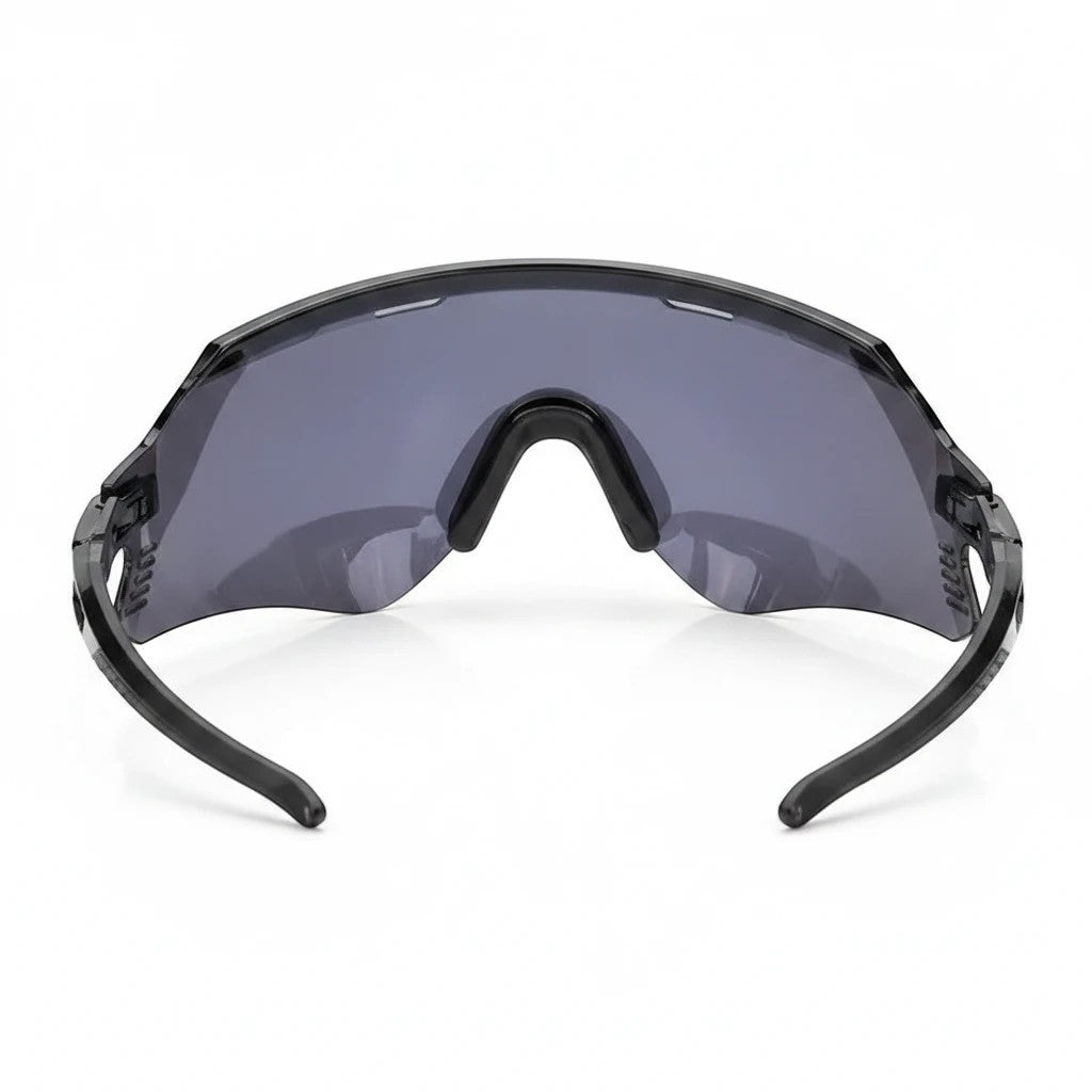 Velovoila KAPVOE UV400 cycling sunglasses with a black frame and dark grey wraparound shield lens for road and MTB.