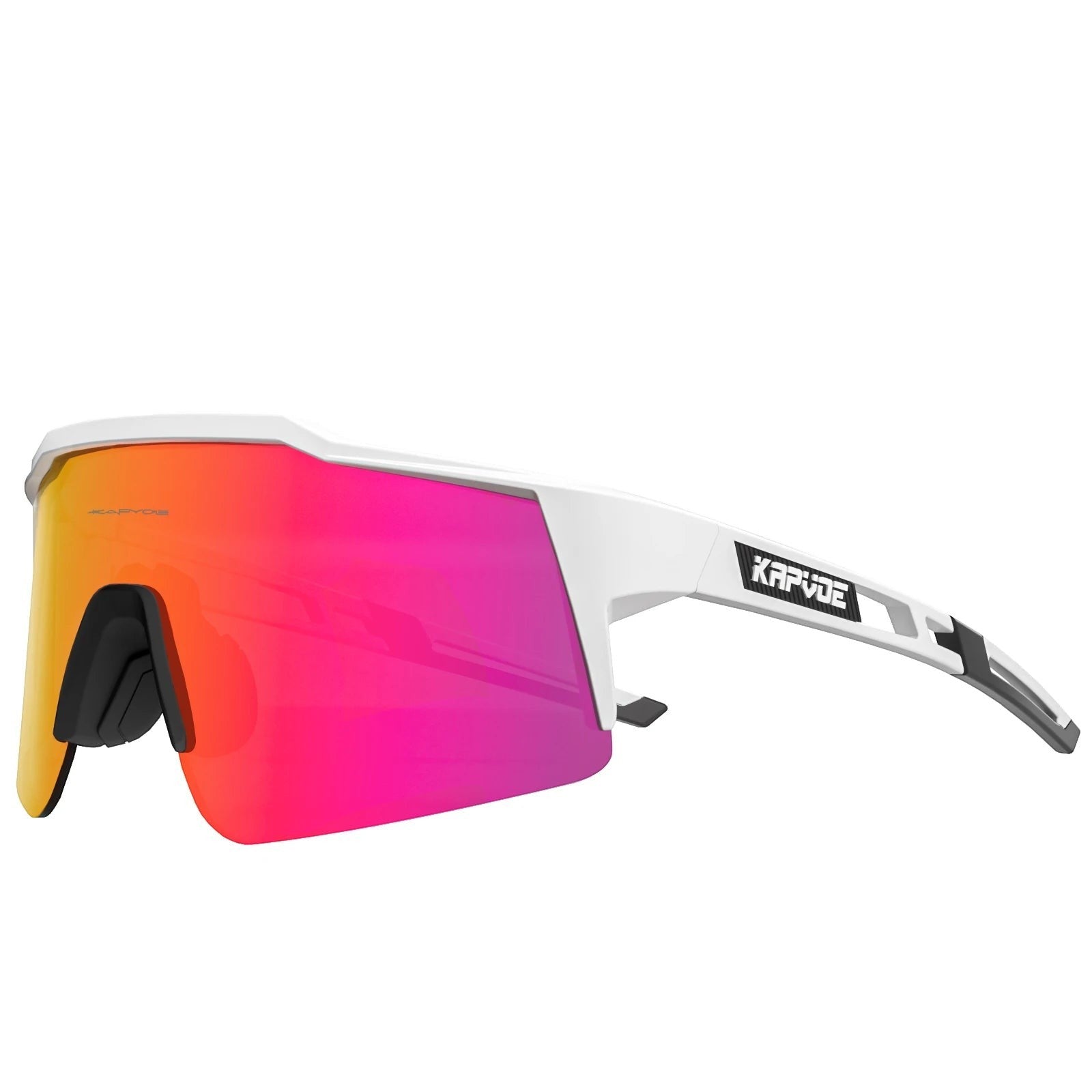 Velovoila Kapvoe cycling sunglasses with a white TR90 frame and reflective pink full-color lens for road and MTB use.