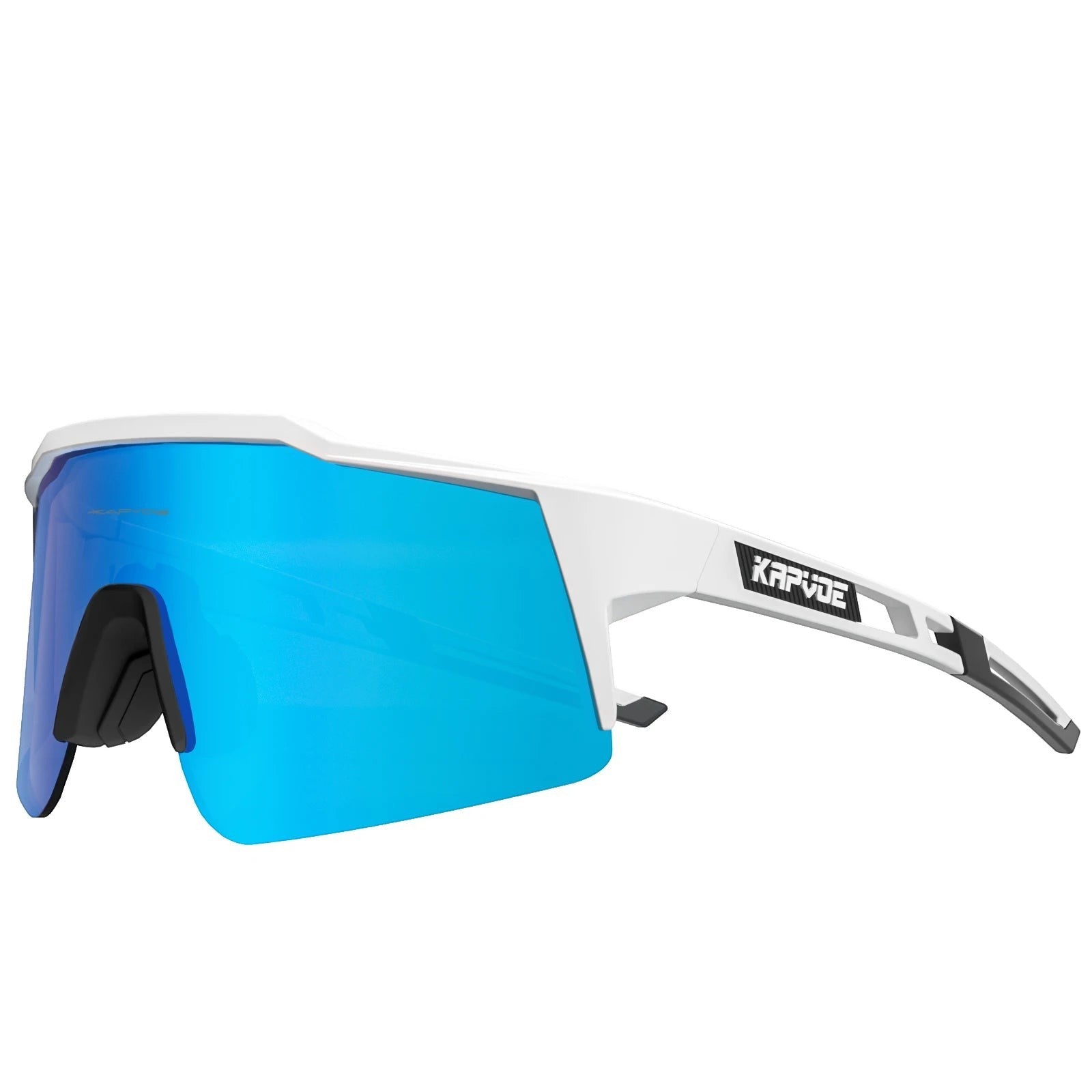 Velovoila Kapvoe cycling sunglasses with a white TR90 frame and a reflective blue lens for road and mountain biking.
