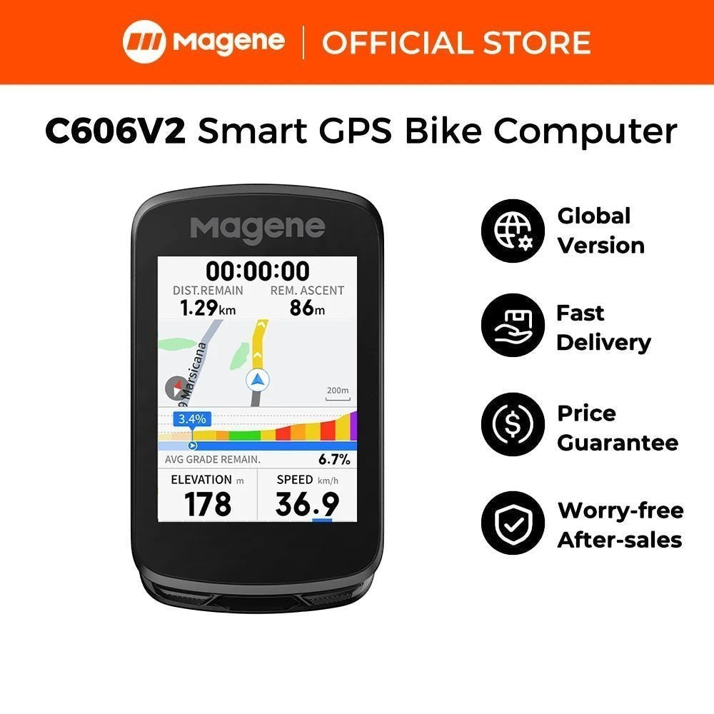 Velovoila Magene C606V2 GPS bike computer with touchscreen displaying navigation, speed, and elevation data.