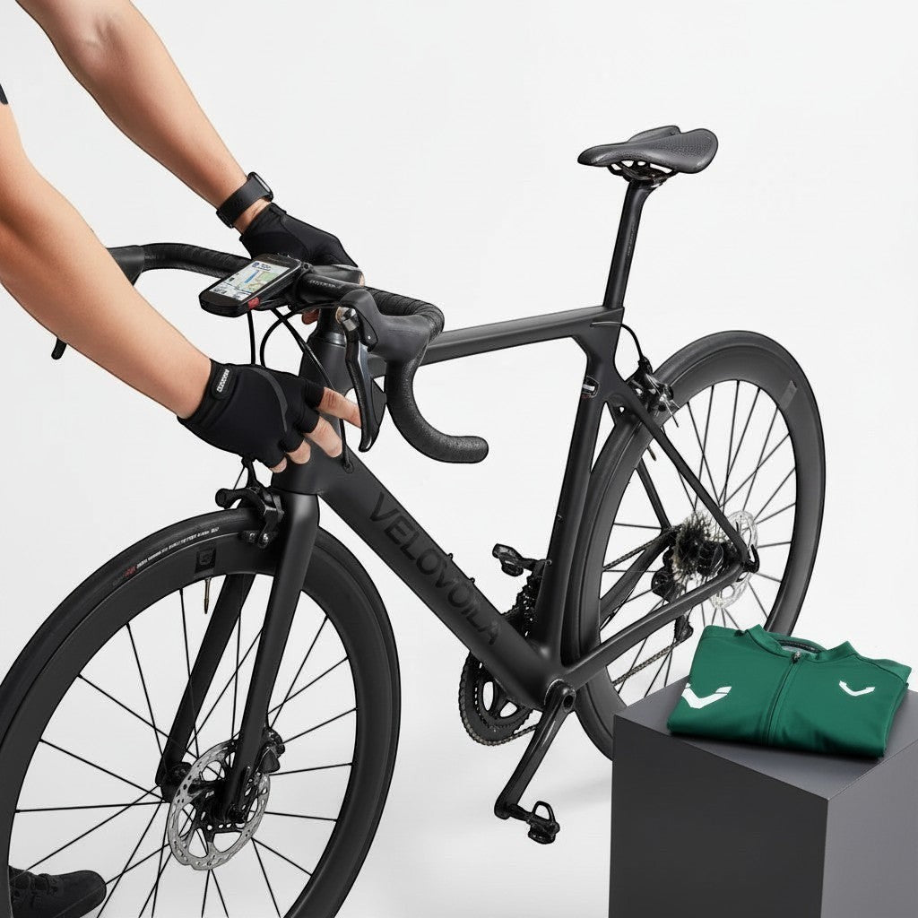 Velovoila cyclist using a Magene C606V2 GPS bike computer with touchscreen mounted on a black road bike