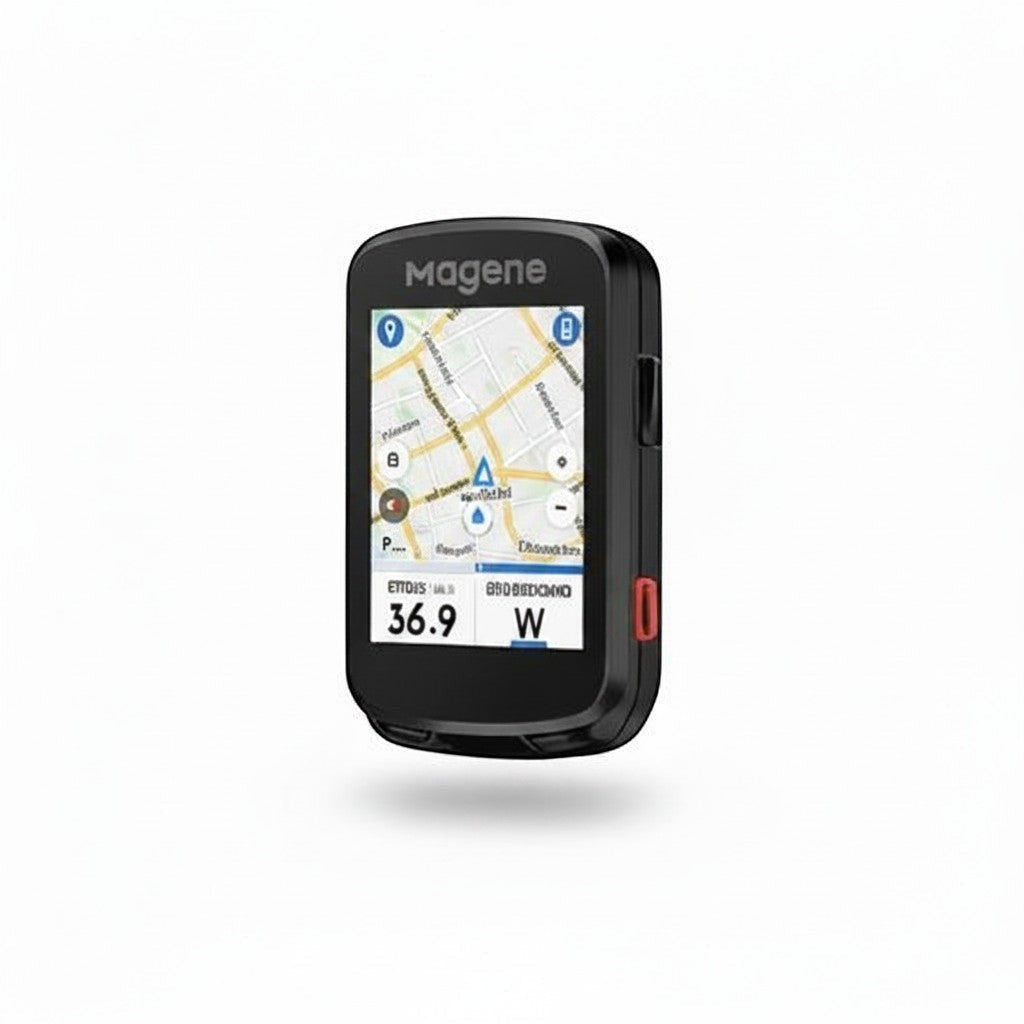 Velovoila Magene C606V2 GPS bike computer with touchscreen display showing navigation map and ride data