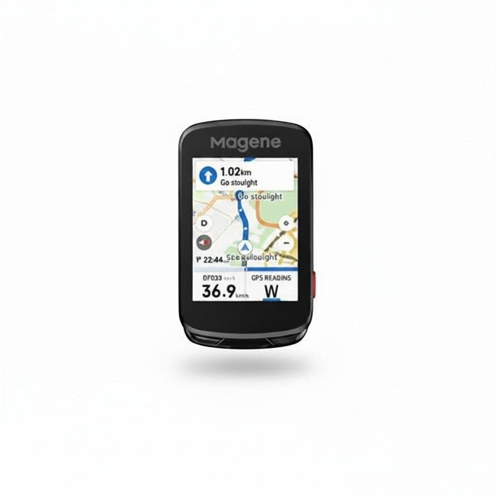 Velovoila Magene C606V2 GPS bike computer with touchscreen displaying navigation map and speed data