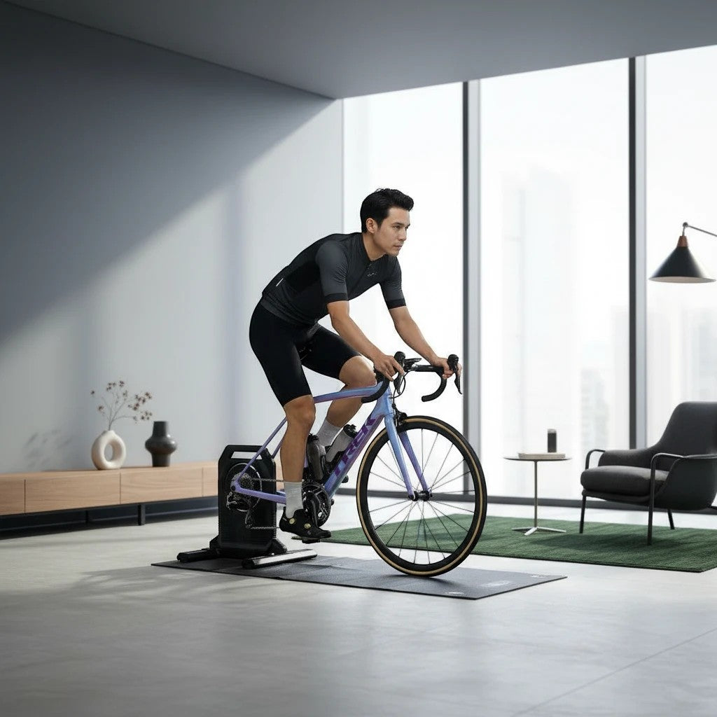 Cyclist training indoors on a Velovoila ThinkRider XX-PRO smart direct-drive bike trainer in a modern living room.