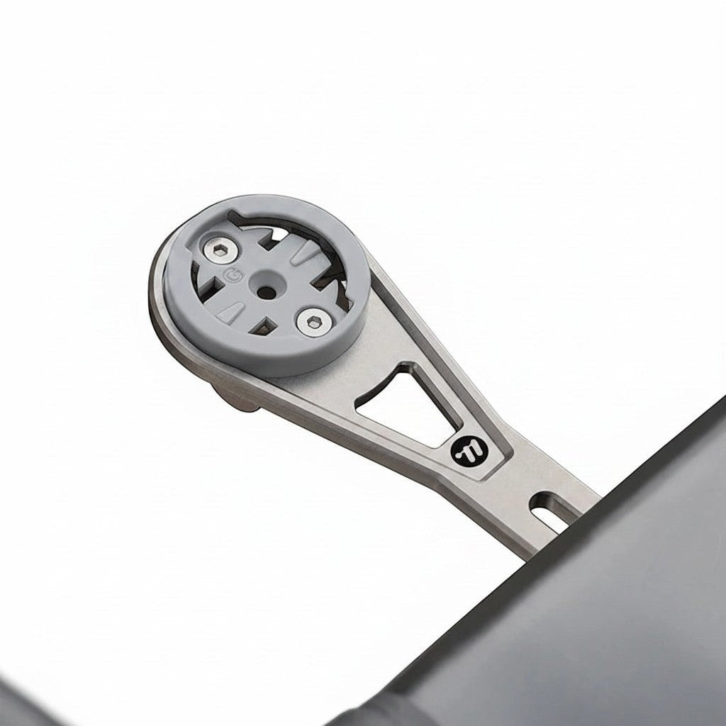 Velovoila titanium alloy bike computer mount for Garmin, Wahoo, and Bryton with integrated headlight bracket
