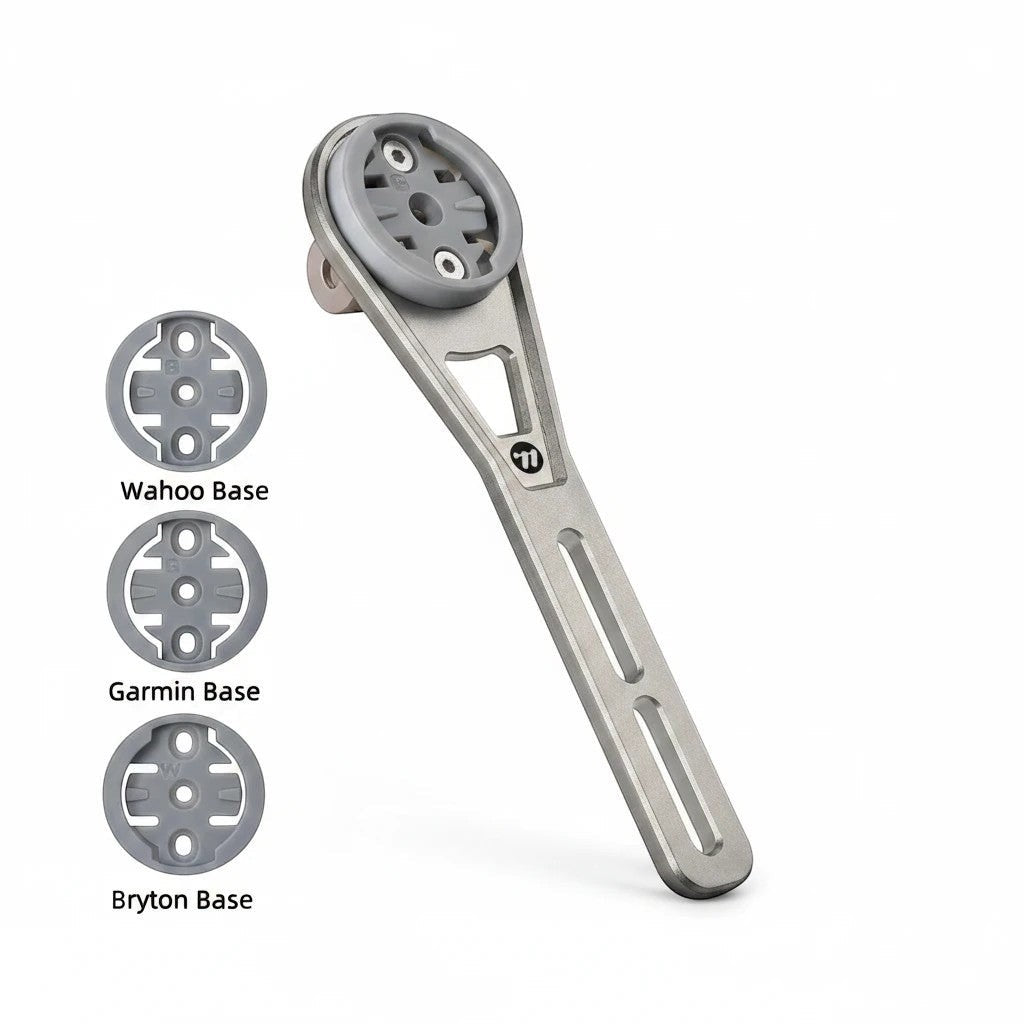 Velovoila titanium alloy bike computer mount with interchangeable bases for Garmin, Wahoo, and Bryton cycling devices.