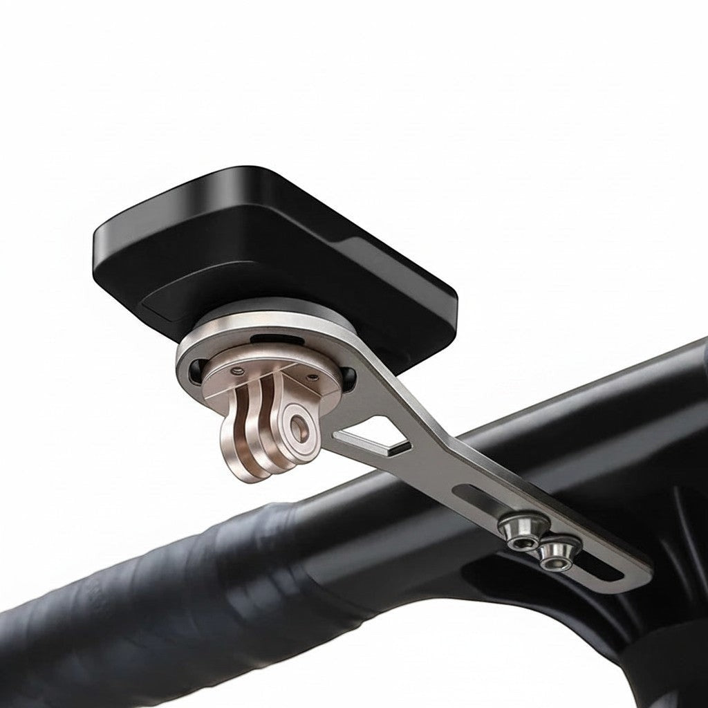 Velovoila titanium alloy bike computer mount with integrated headlight bracket attached to a road bike handlebar