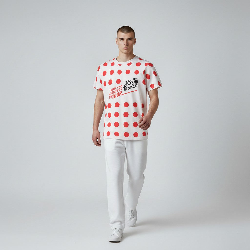 Velovoila unisex Tour de France Future Climber t-shirt with red polka dots on white cotton, worn by a male model.